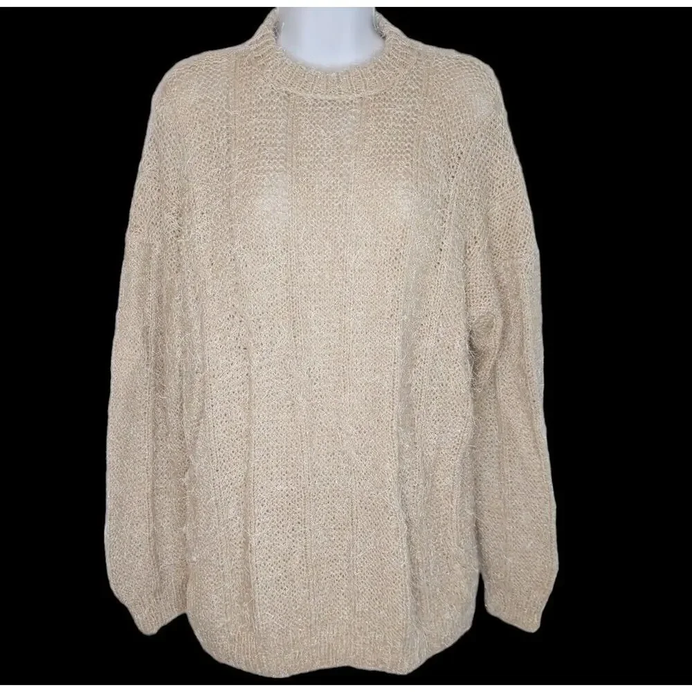Women's M/L Hand Knit Handmade Pullover Sweater Beige Eyelash Cable‎ Mock Neck